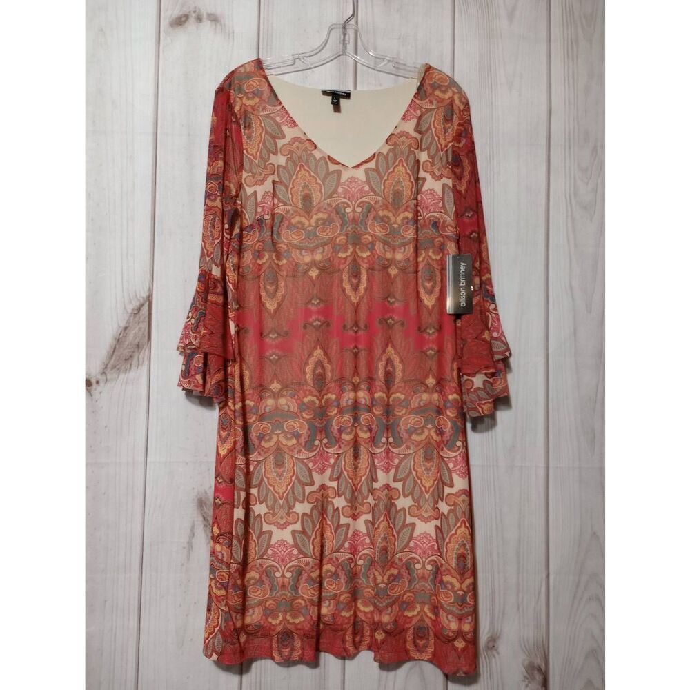 Allison Brittany Dress Ladies Large Red Paisley Semi Sheer Sleeves VNeck Y2K